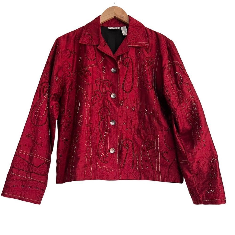 Vintage Chico’s Boho Red Silk Beaded + Embroidered Jacket Size 0 (= Small/4)